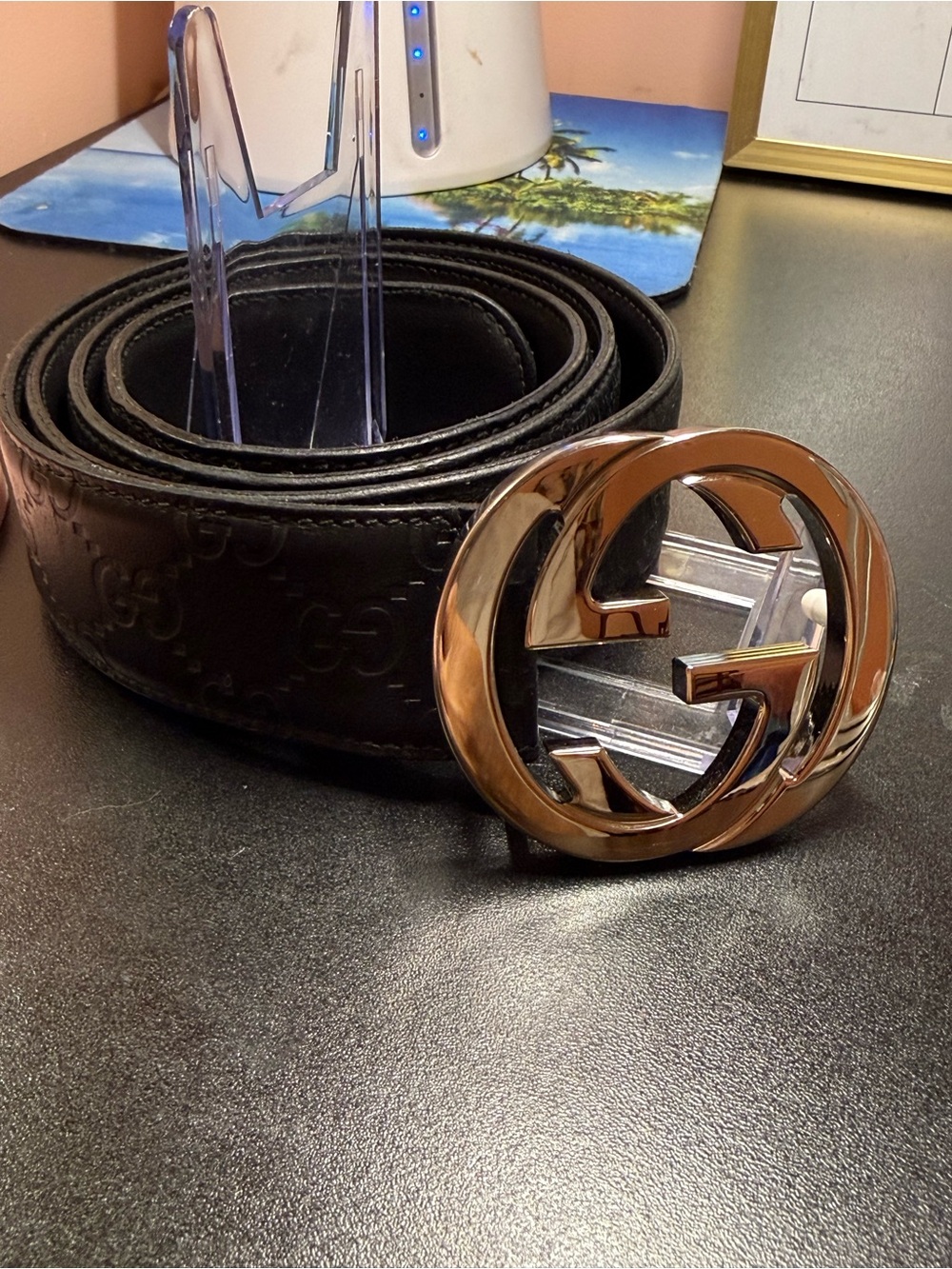 Gucci Black Leather Belt with Gold Double G Buckle